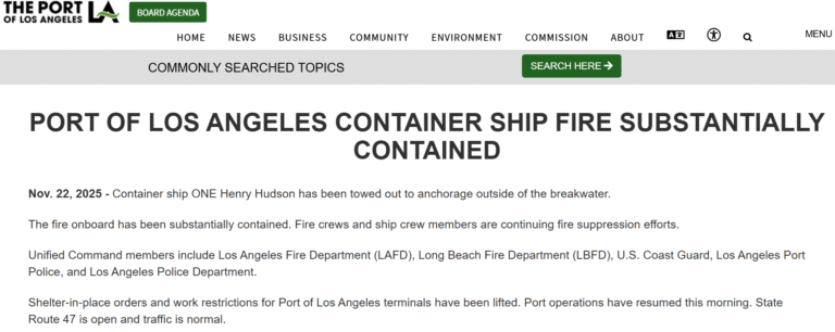 Major Fire Incident Involving “ONE HENRY HUDSON” at the Port of Los Angeles